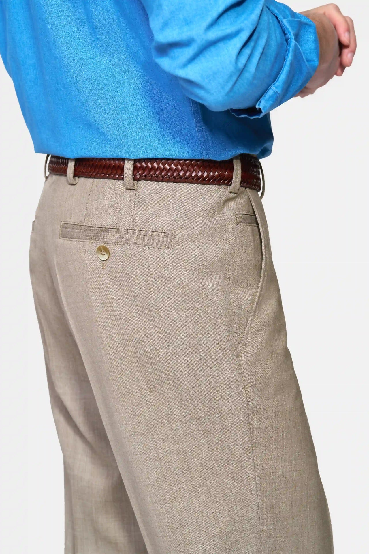 Beige (sand) maskintvättbara ullbyxor i Teflon Twill och normal passform (Meyer / Roma) - 4