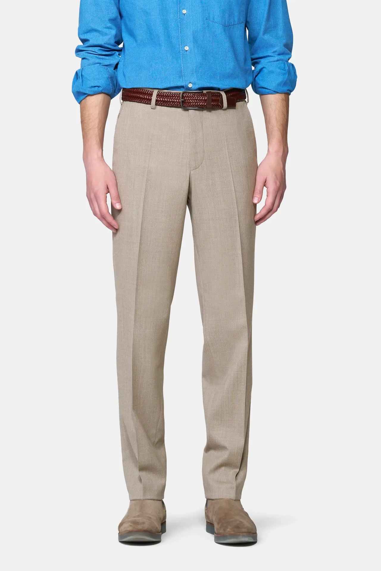 Beige (sand) maskintvättbara ullbyxor i Teflon Twill och normal passform (Meyer / Roma)