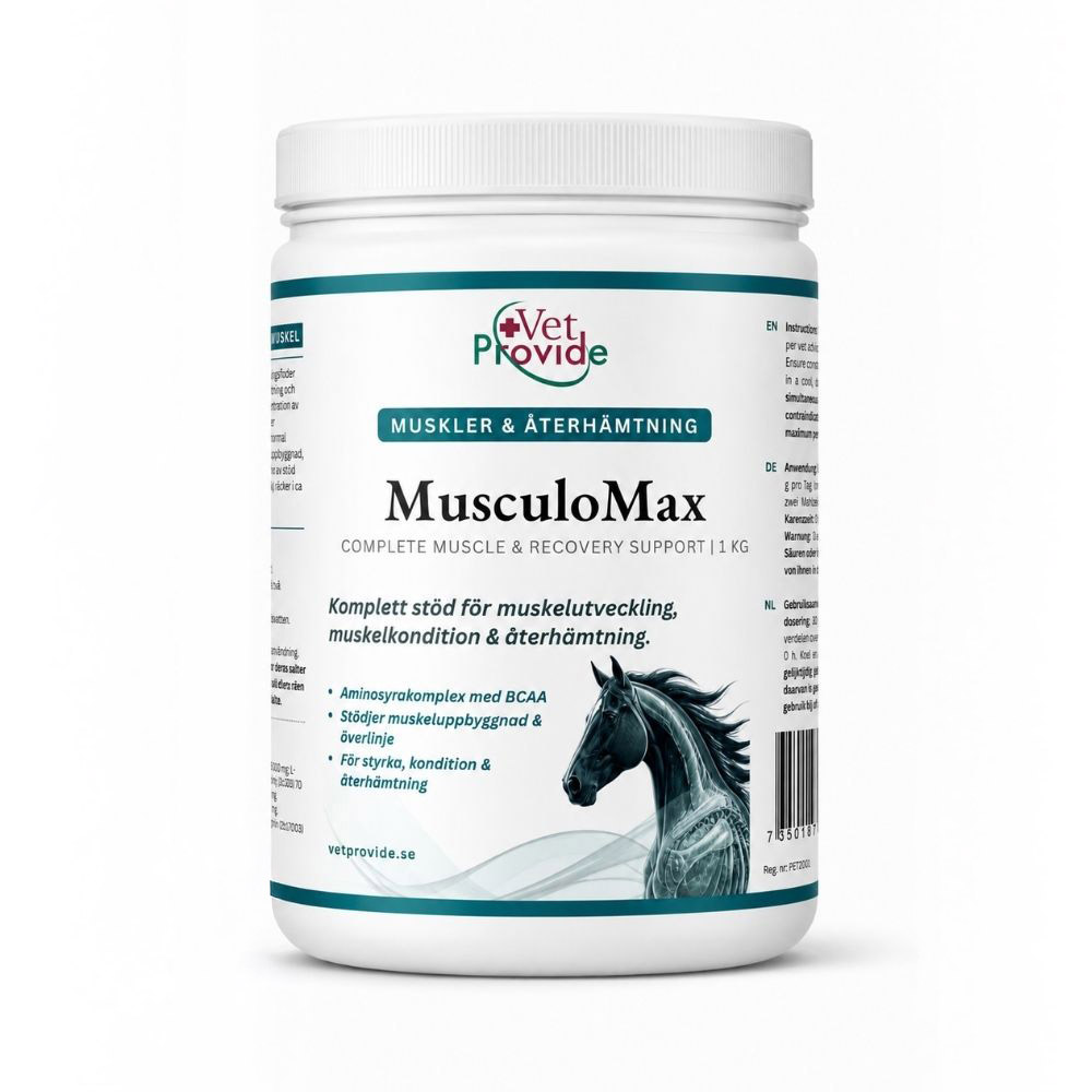 Vet Provide MusculoMax 1 kg burk för hästens muskeluppbyggnad.