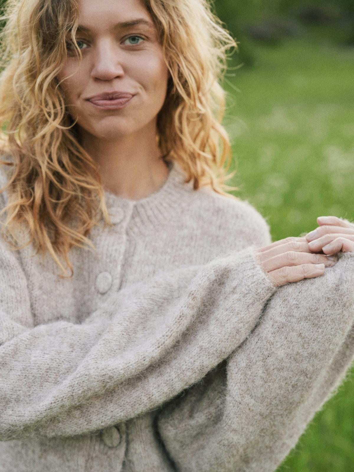 Neo Noir Gio  Fluffy Knit Cardigan, Beige Melange - 9