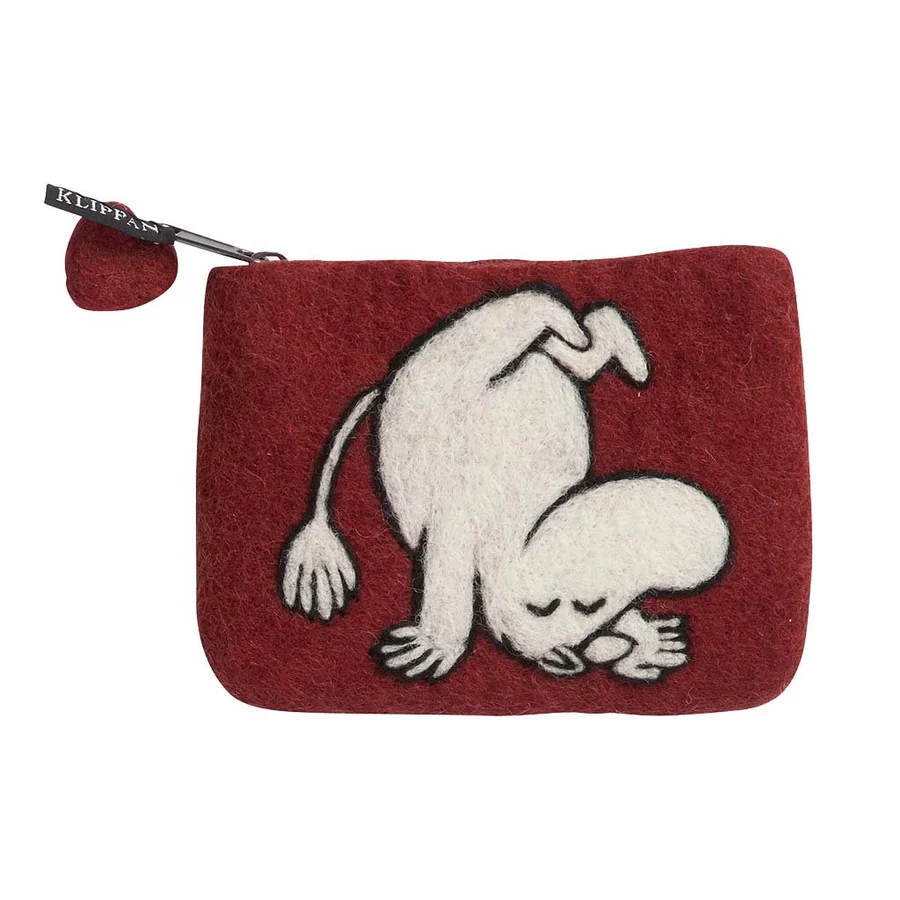 Mumin börs i handfiltad ull - Upp och ner, vinröd