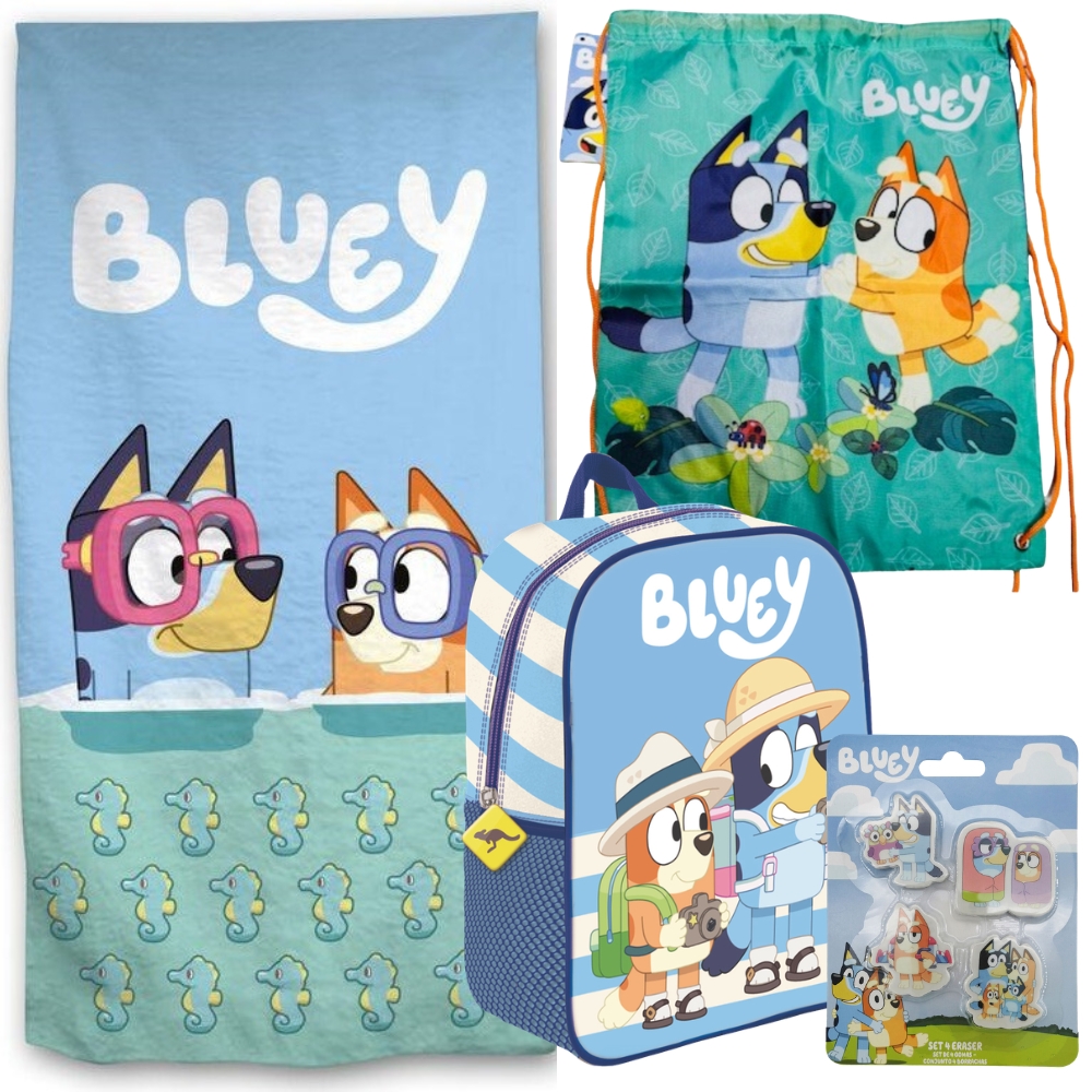 Bluey Set för Barn – Ryggsäck, Handduk, Gympapåse och 4-suddgummin