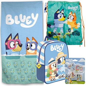 Bluey Set för Barn – Ryggsäck, Handduk, Gympapåse och 4-suddgummin