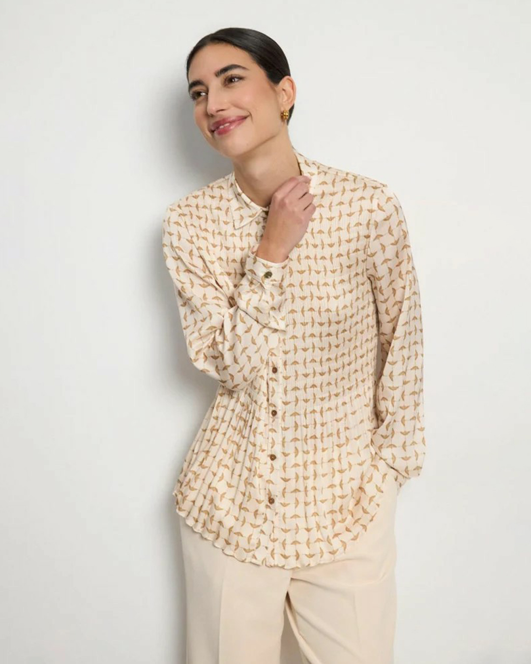 Blus Diano plisserad mönstrad beige - 2