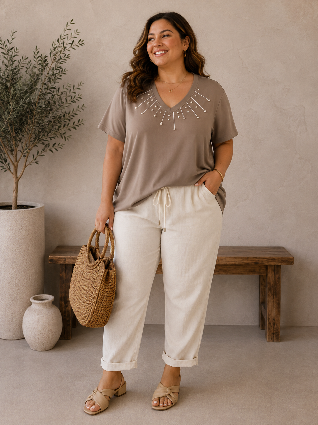 Tunika med utsmyckning, Taupe 