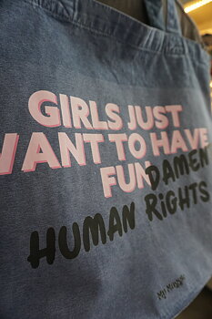 Denim blue tote bag girls human rights