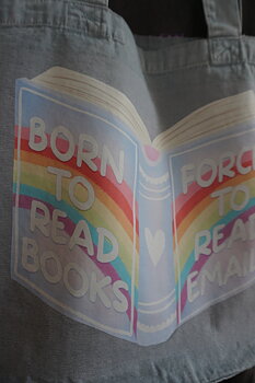 Light blue tote bag  "forced to read emails"
