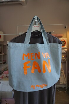 Light blue tote bag with electric orange