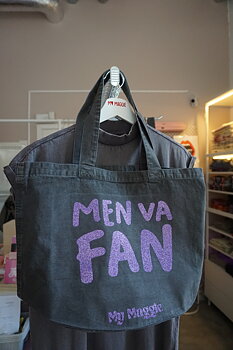 Black tote bag with holographic purple glitter