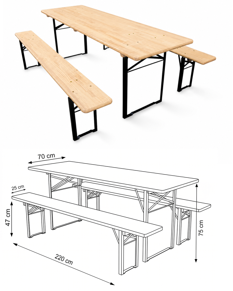 Festivalbord bänk set 1st bord och 2st bänkar i furu WOODY SOLID  - 7