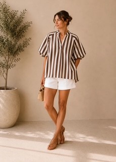 Stripe Ballon Blouse Brun