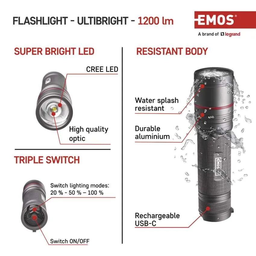 Emos Ficklampa UltiBright 90, 1200LM USB Fokus - 4