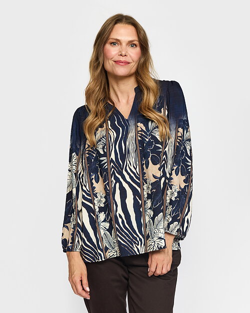 Blus Lise lövmönstrad marin/beige