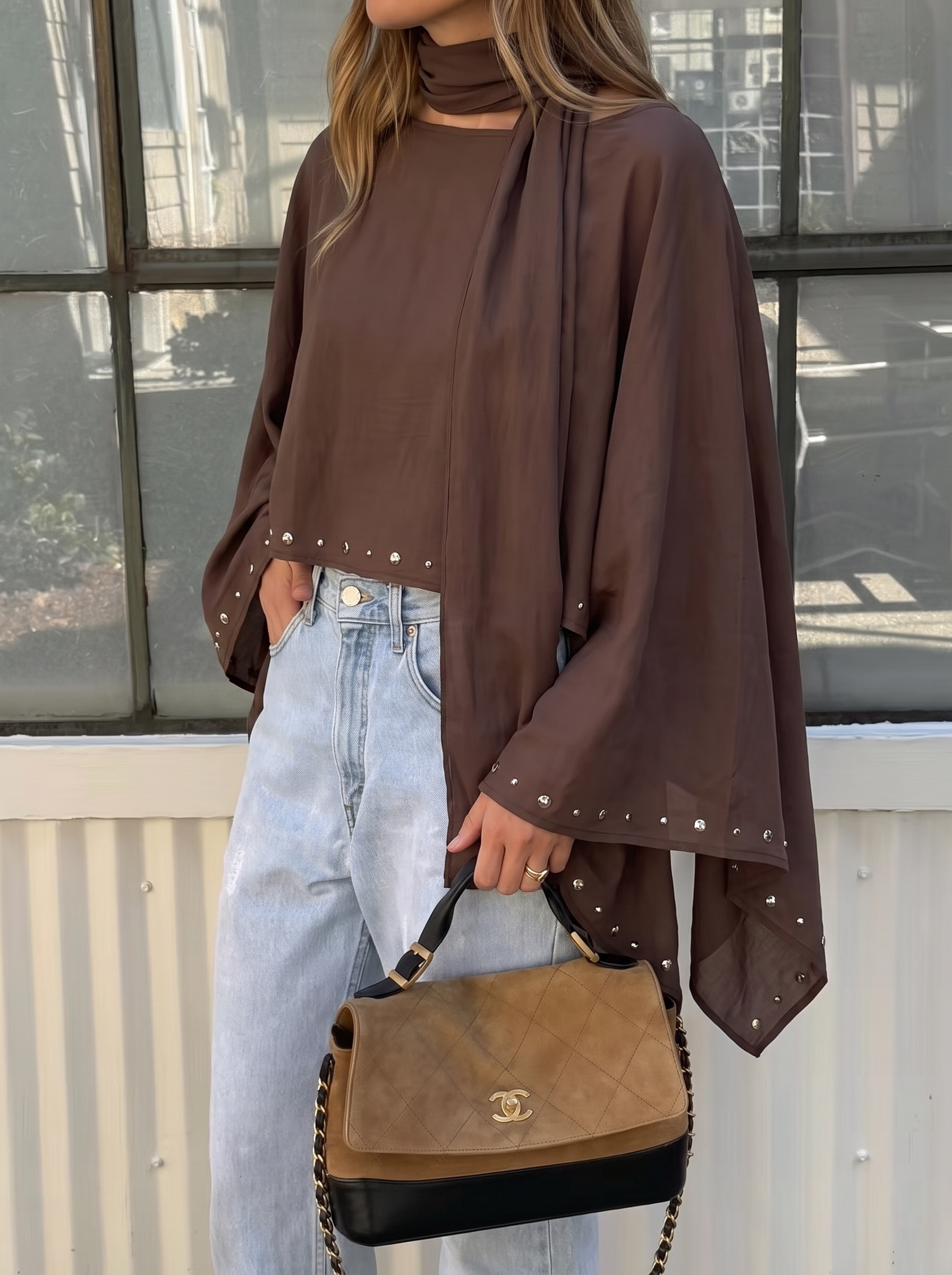 Viskos Poncho Med Scarf Brun - 2