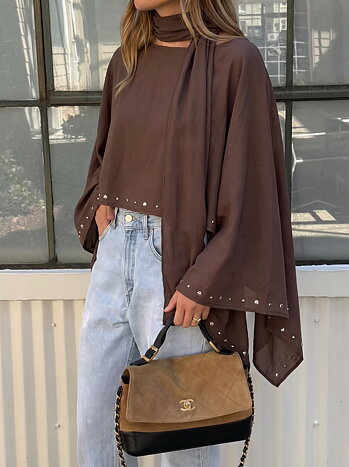 Viskos Poncho Med Scarf Brun