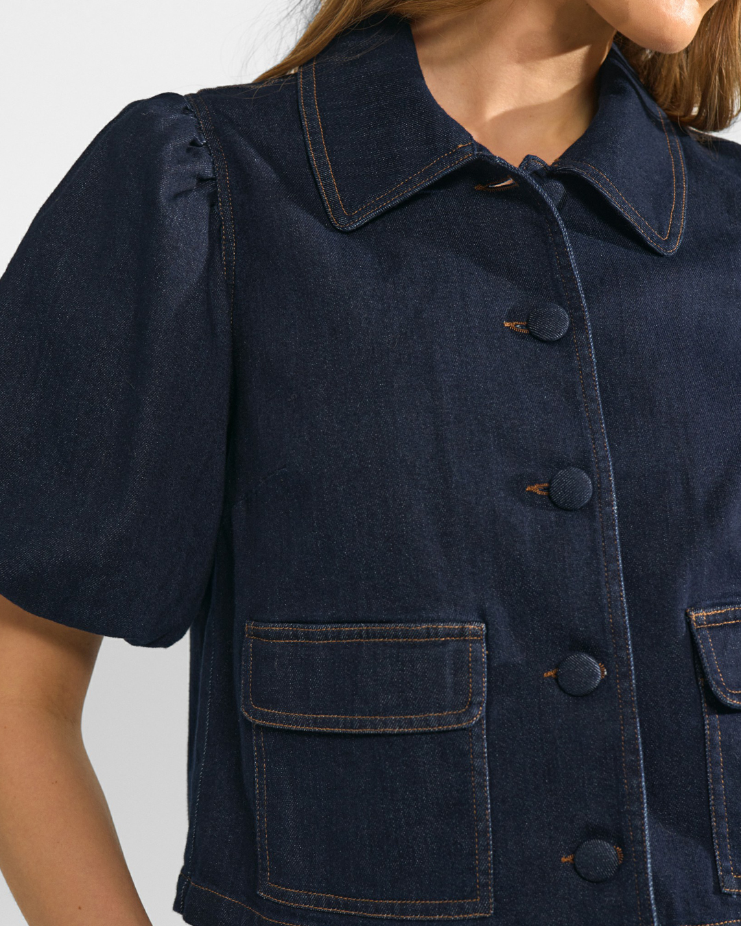 Jeansskjorta Aletta kort puffärm mörk denim - 3