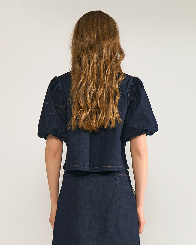 Jeansskjorta Aletta kort puffärm mörk denim