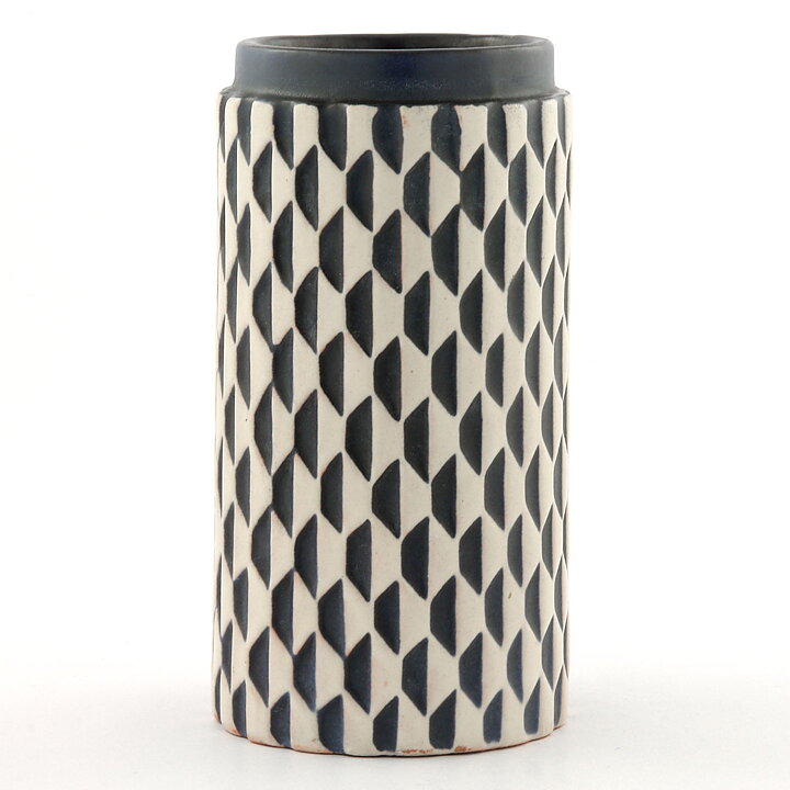 Mari Simmulson (Geting 1958) Modern Cylinder Vase with Black/White Relief Decor 15 cm