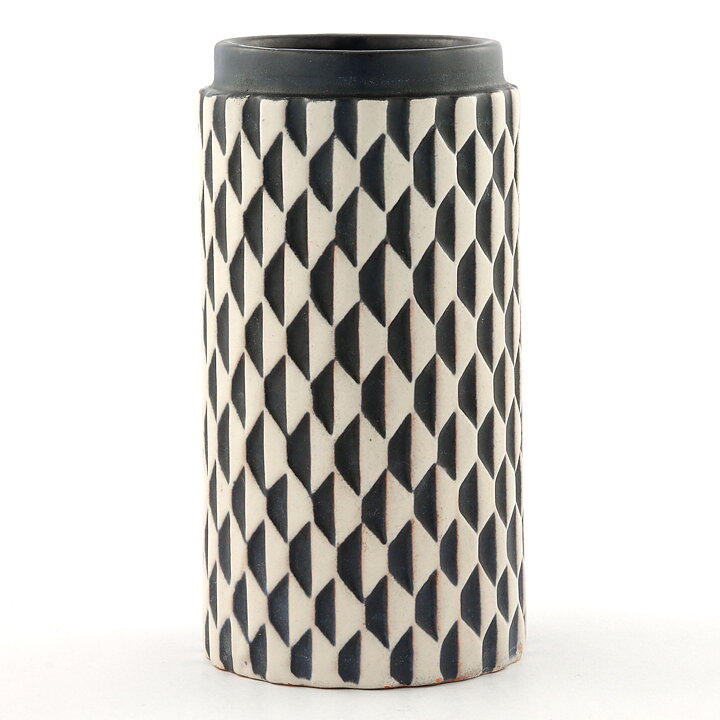 Mari Simmulson (Geting 1958) Modern Cylinder Vase with Black/White Relief Decor 15 cm