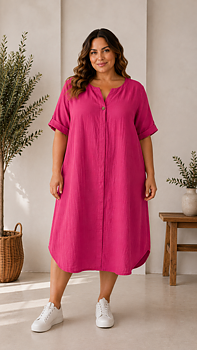 Skjortklänning med knapp, fuchsia 