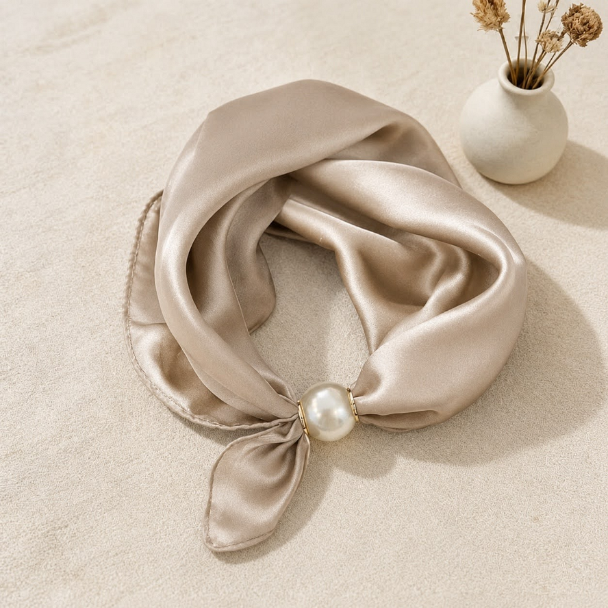 Satinscarf med pärlmagnet beige