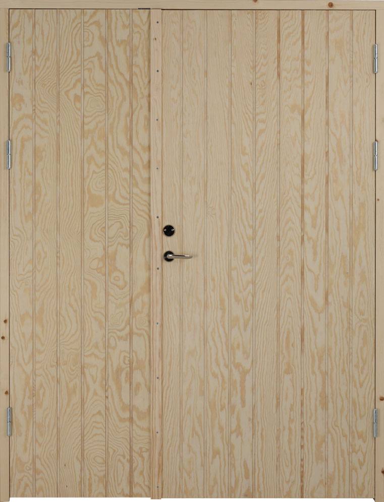 Parstalldörr plus har stående spår och har en yta av plywood