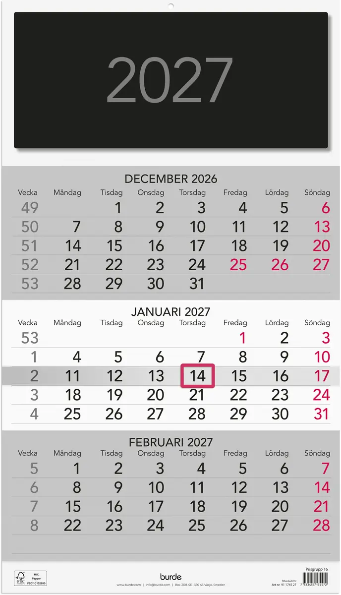 Väggkalender 27 Triplaner Eleg
