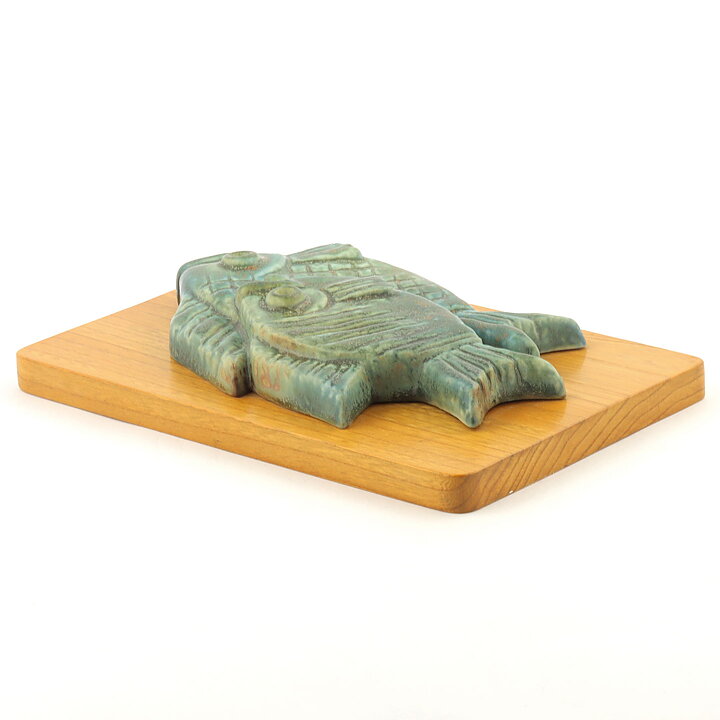 Gunnar Nylund (1950s) Green Fish Relief Wall Plaque on Wooden Background 24 cm