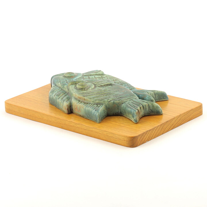 Gunnar Nylund (1950s) Green Fish Relief Wall Plaque on Wooden Background 24 cm