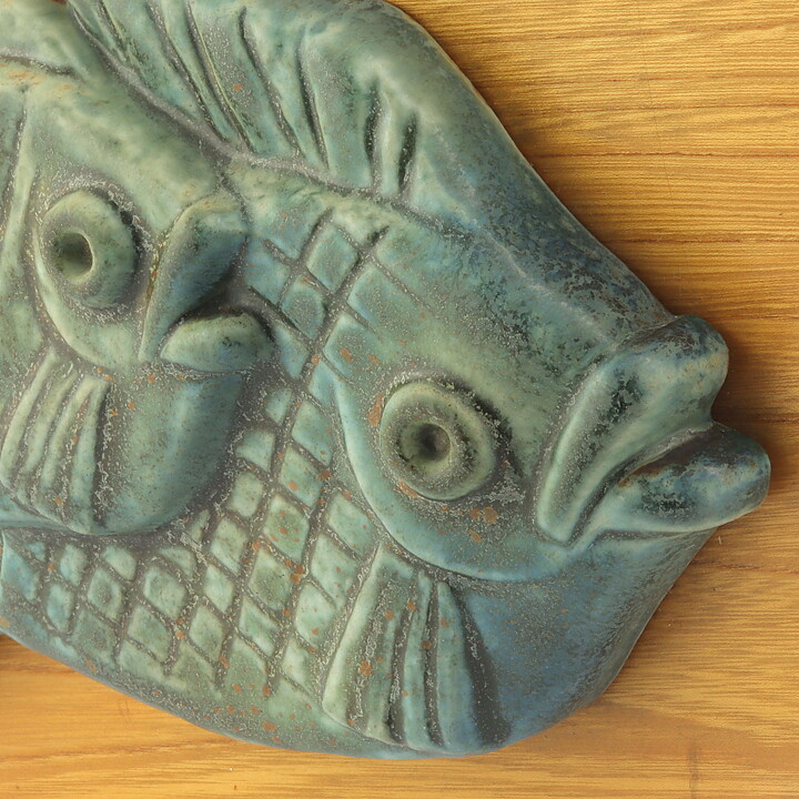 Gunnar Nylund (1950s) Green Fish Relief Wall Plaque on Wooden Background 24 cm