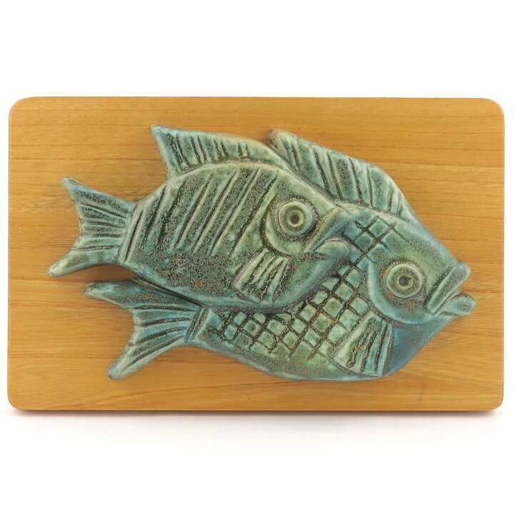 Gunnar Nylund (1950s) Green Fish Relief Wall Plaque on Wooden Background 24 cm