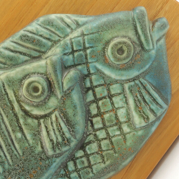 Gunnar Nylund (1950s) Green Fish Relief Wall Plaque on Wooden Background 24 cm