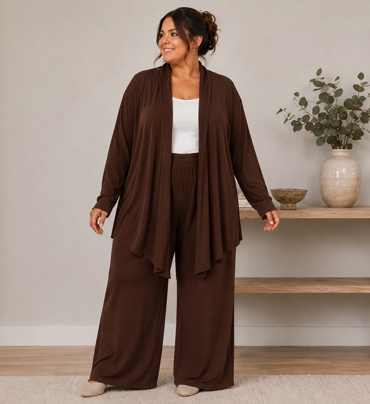 Set med cardigan och byxa, brun 