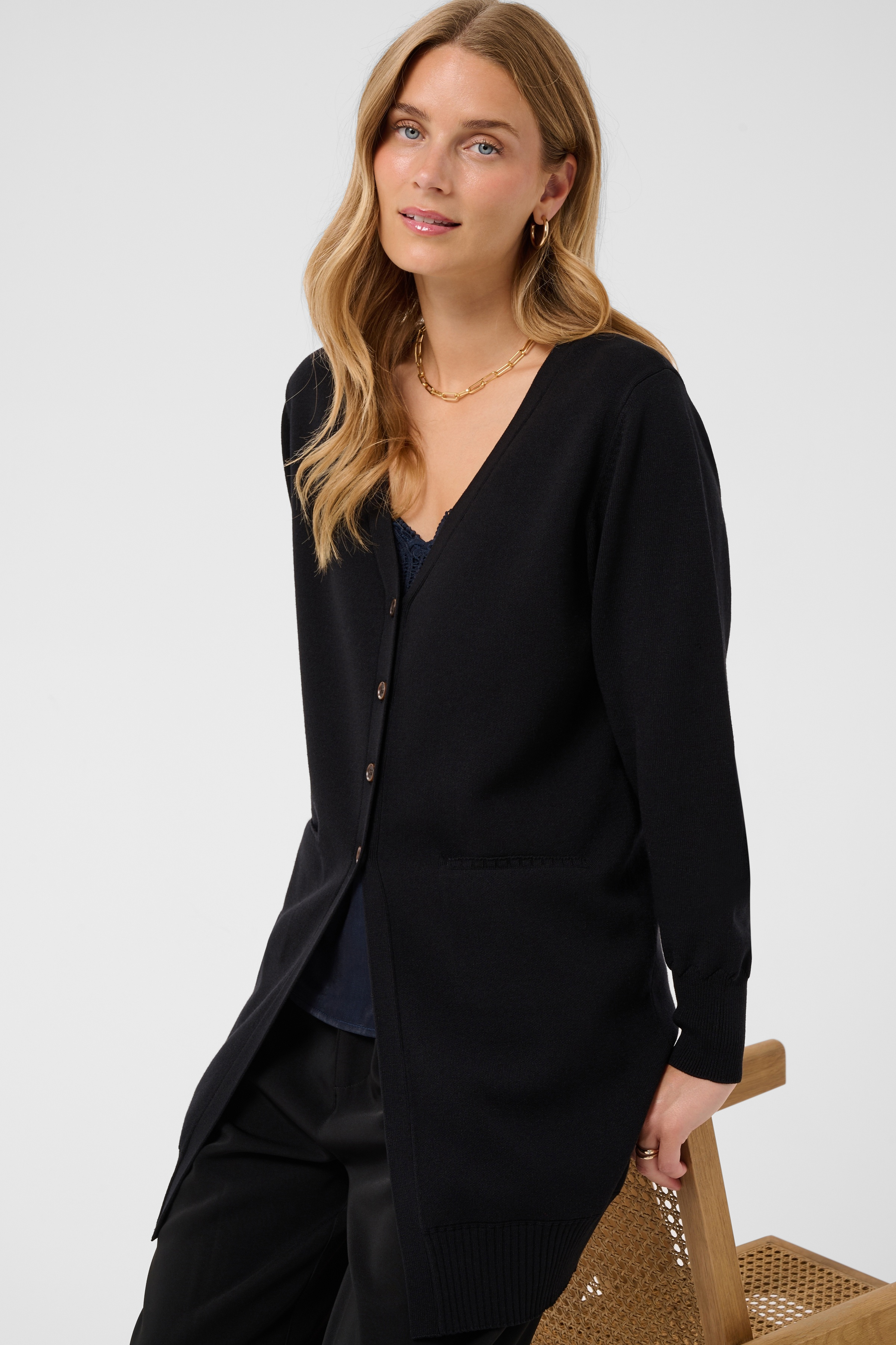 CRDela Long Cardigan Pitch Black Tunnstickad Långkofta - 4