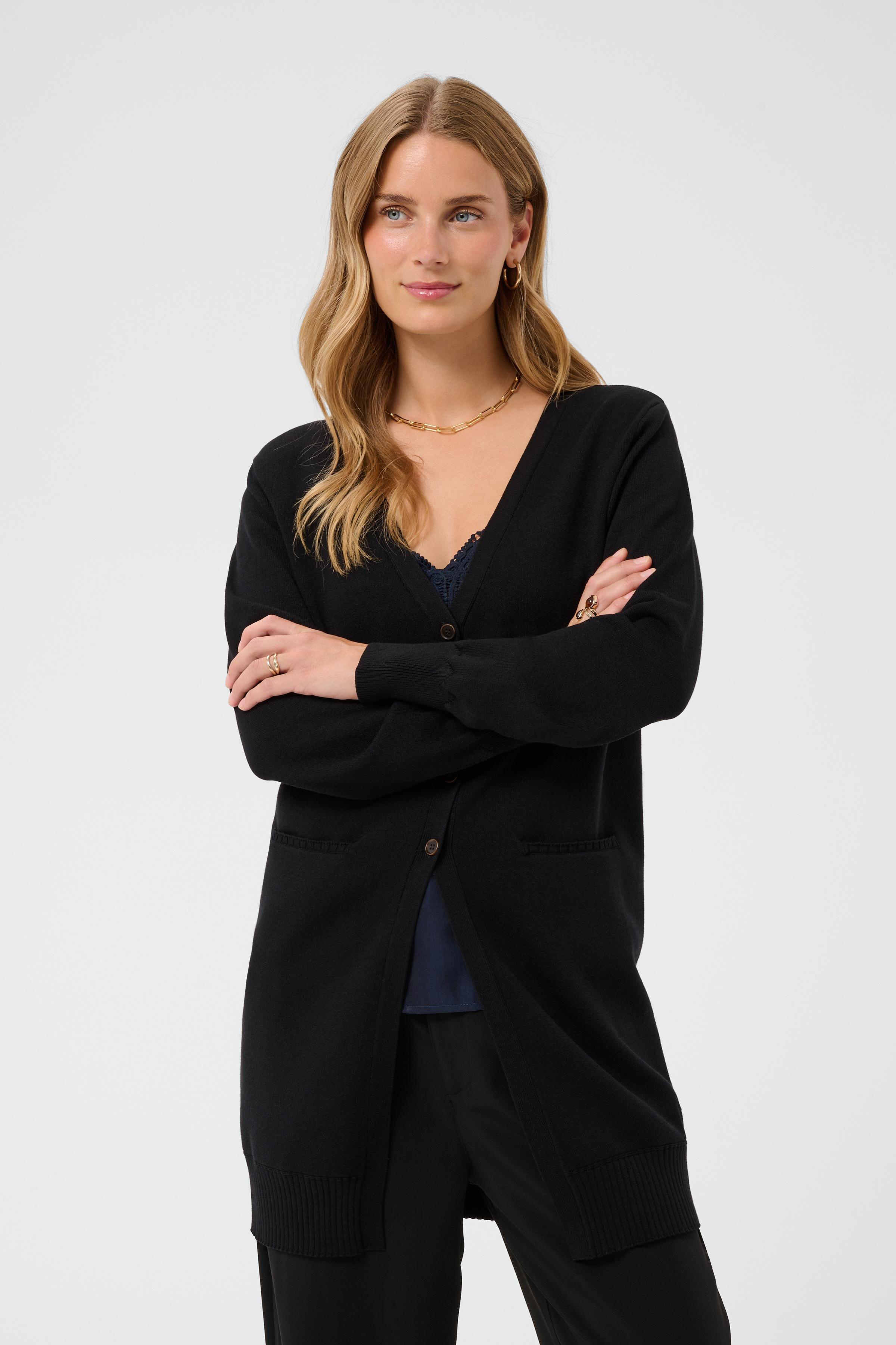 CRDela Long Cardigan Pitch Black Tunnstickad Långkofta