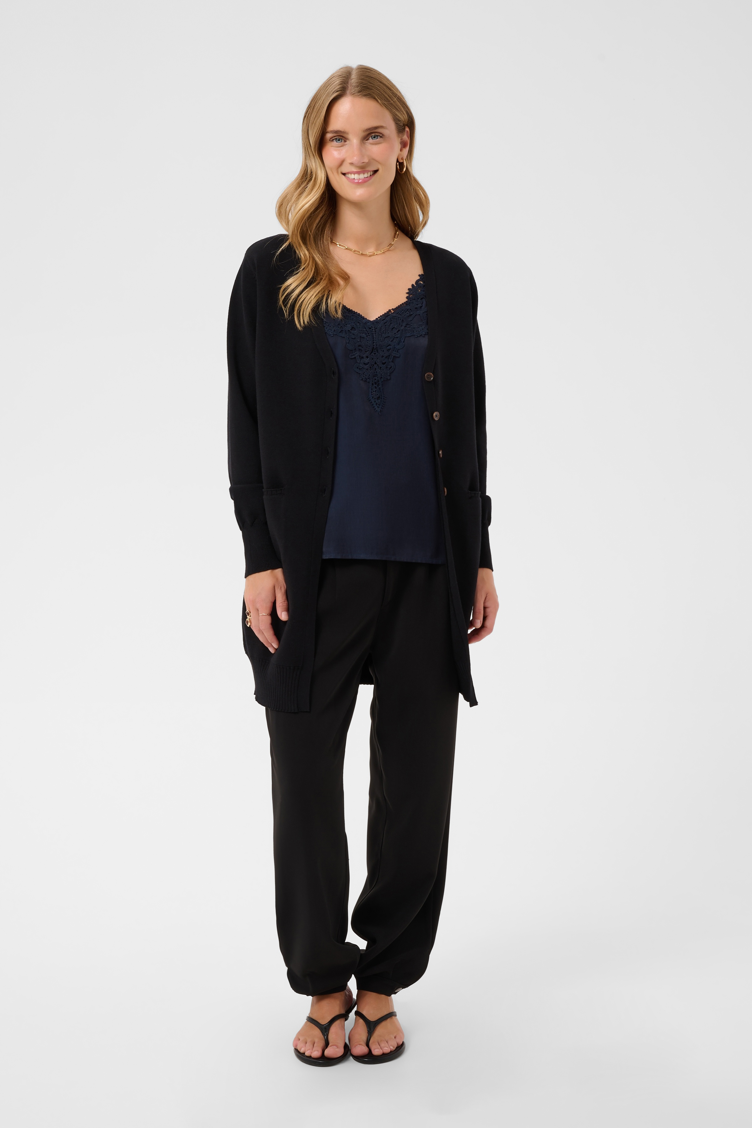 CRDela Long Cardigan Pitch Black Tunnstickad Långkofta - 5