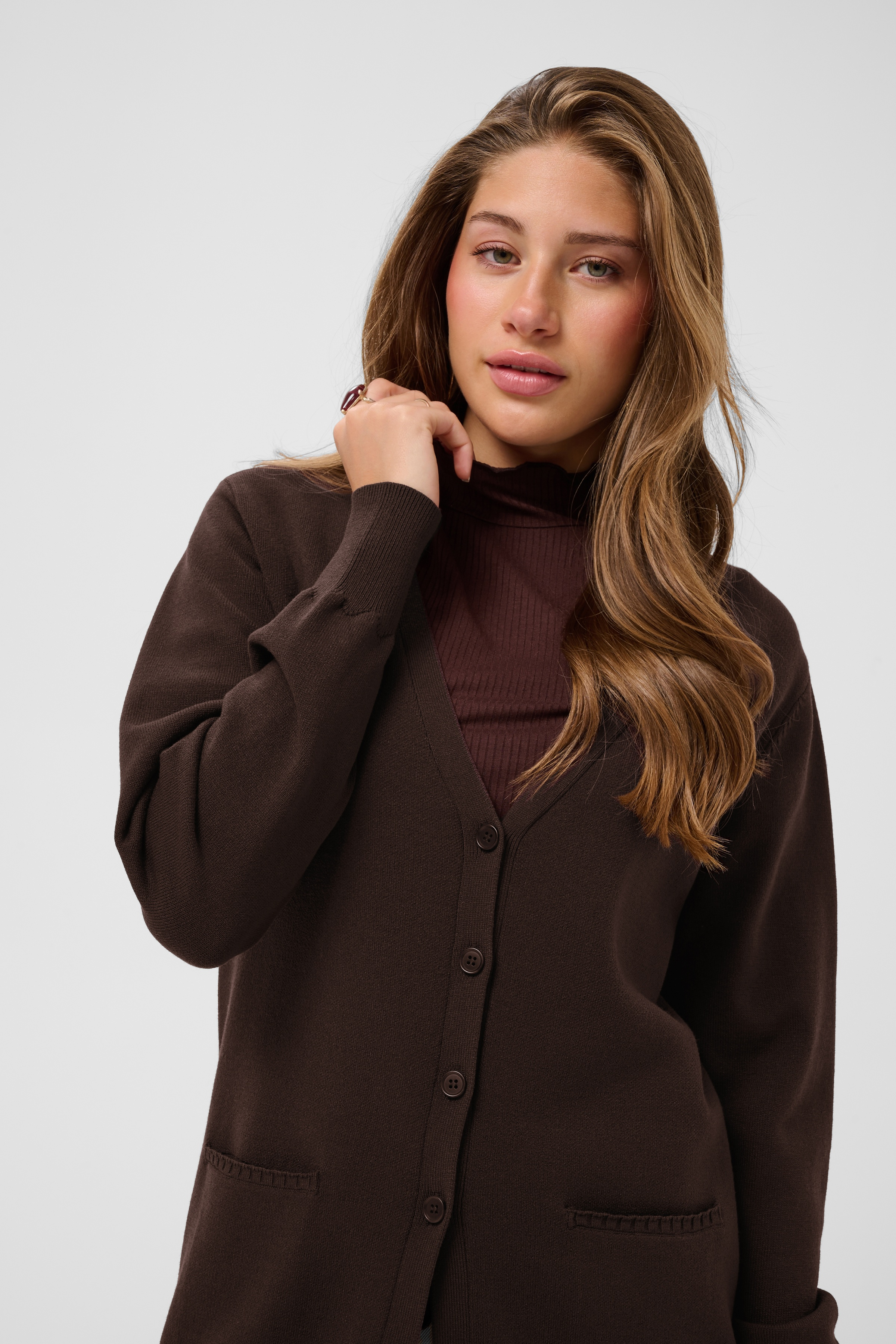 CRDela Long Cardigan Java Brun Tunnstickad Långkofta - 4