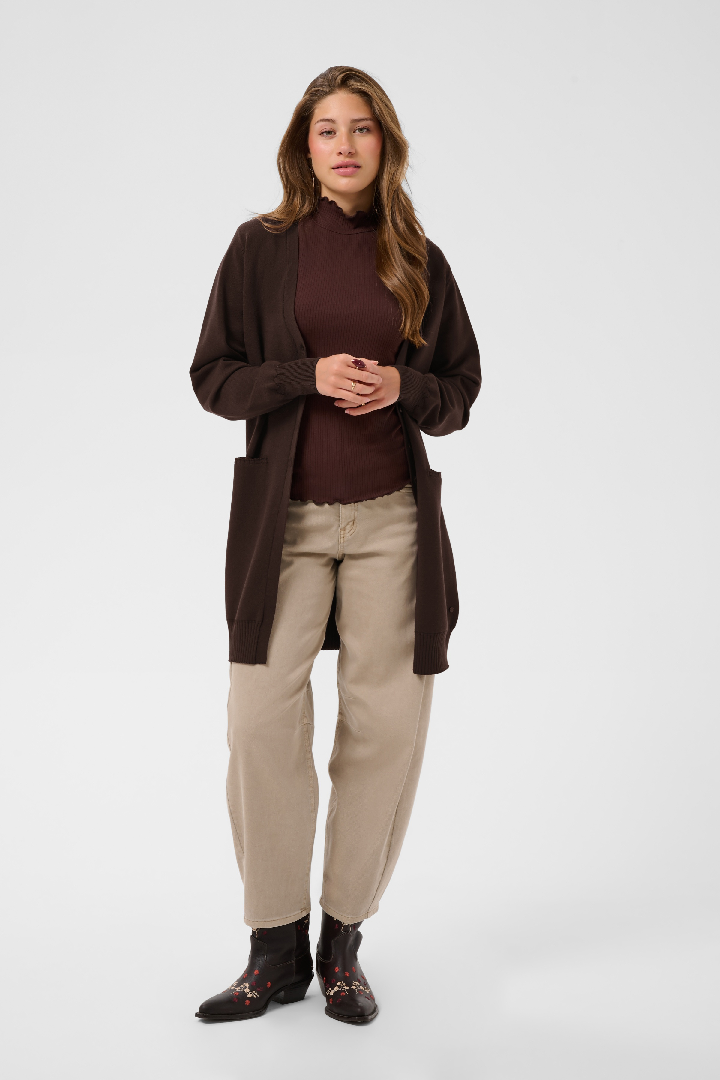 CRDela Long Cardigan Java Brun Tunnstickad Långkofta - 5