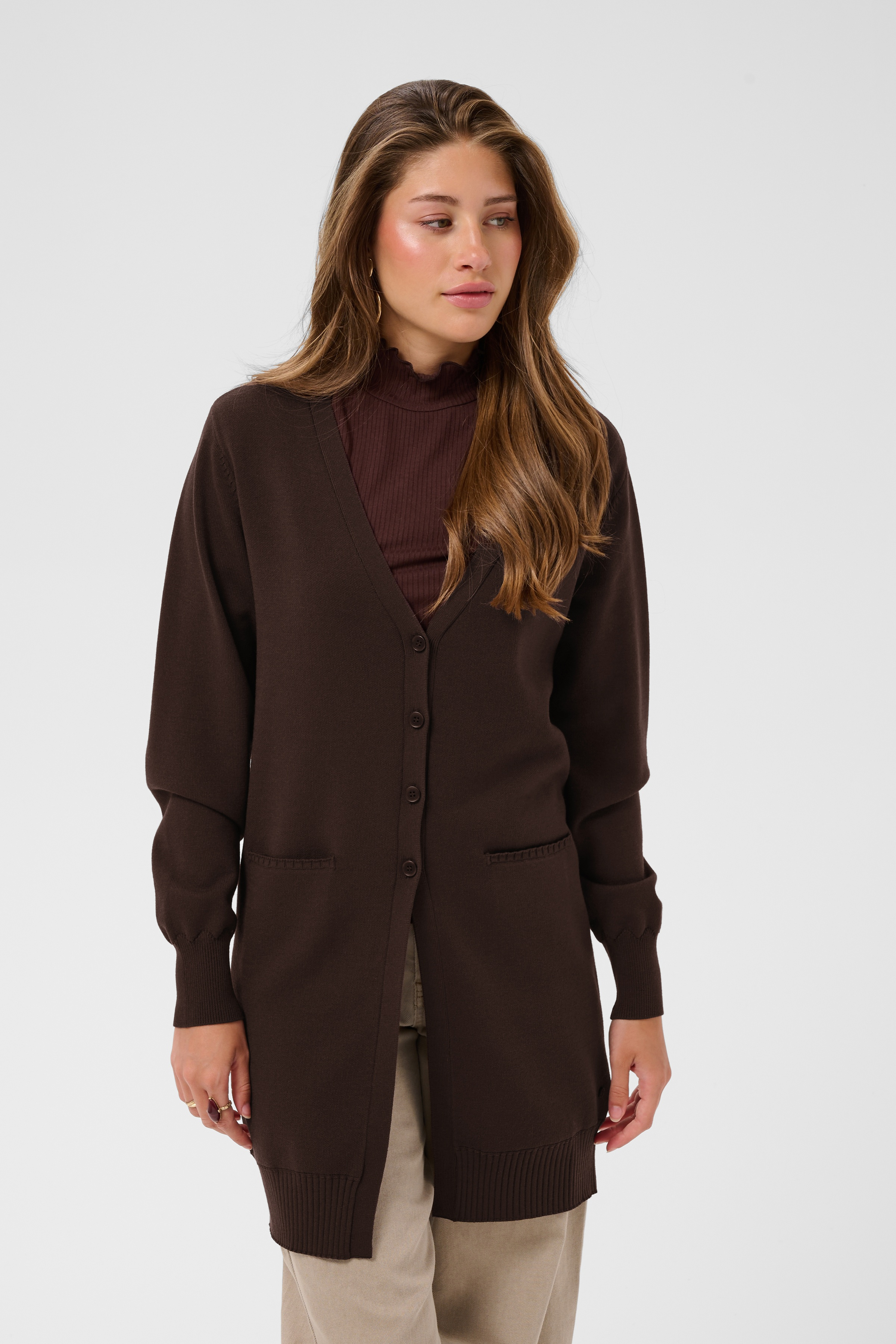 CRDela Long Cardigan Java Brun Tunnstickad Långkofta