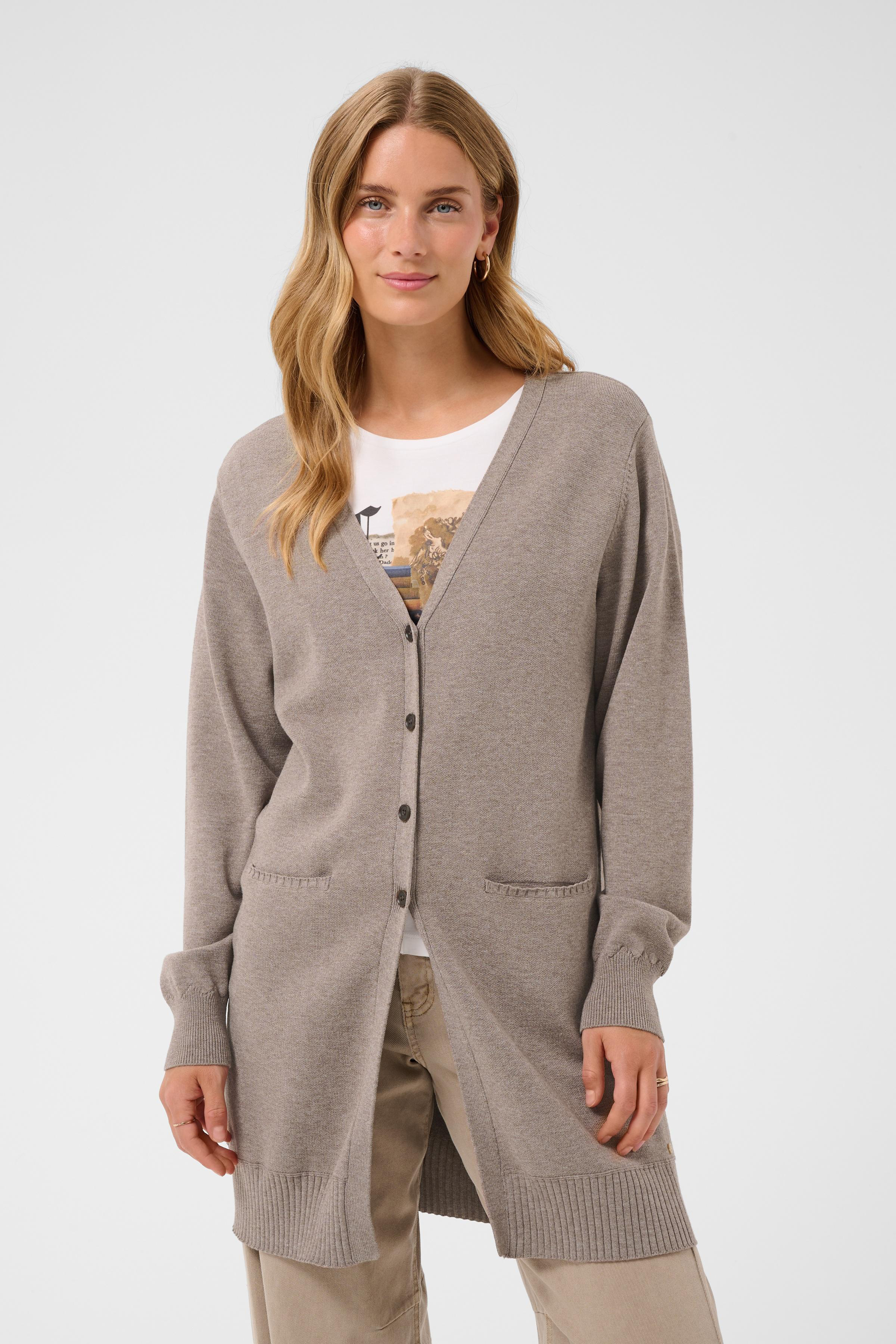 CRDela Long Cardigan Brown Lentil Melange Tunnstickad Långkofta