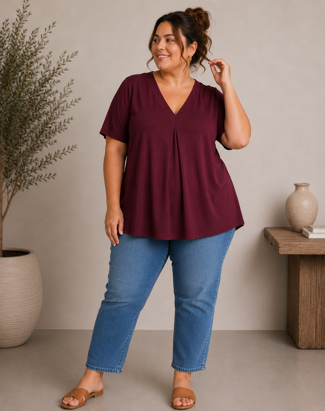 Tunika med veckad front, burgundy