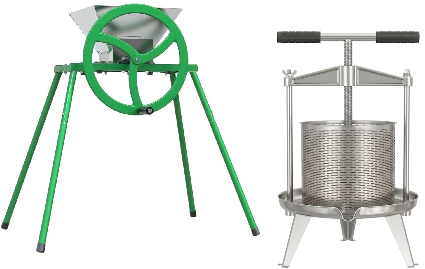  frugtpresse Hobby 14l rustfrit  med filter og manuel frugtkværn Hobby 9l med støtteben