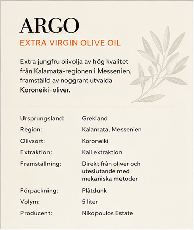 ARGO Extra Jungfru Olivolja 5L – Kalamata, Messenien - 5