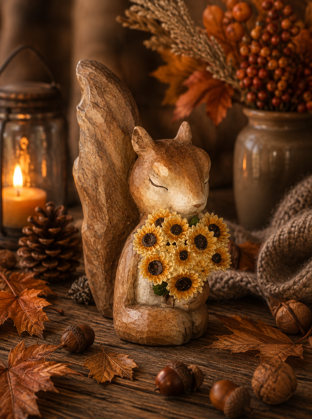 Squirrel with sunflower bouquet 12x20x26 cm