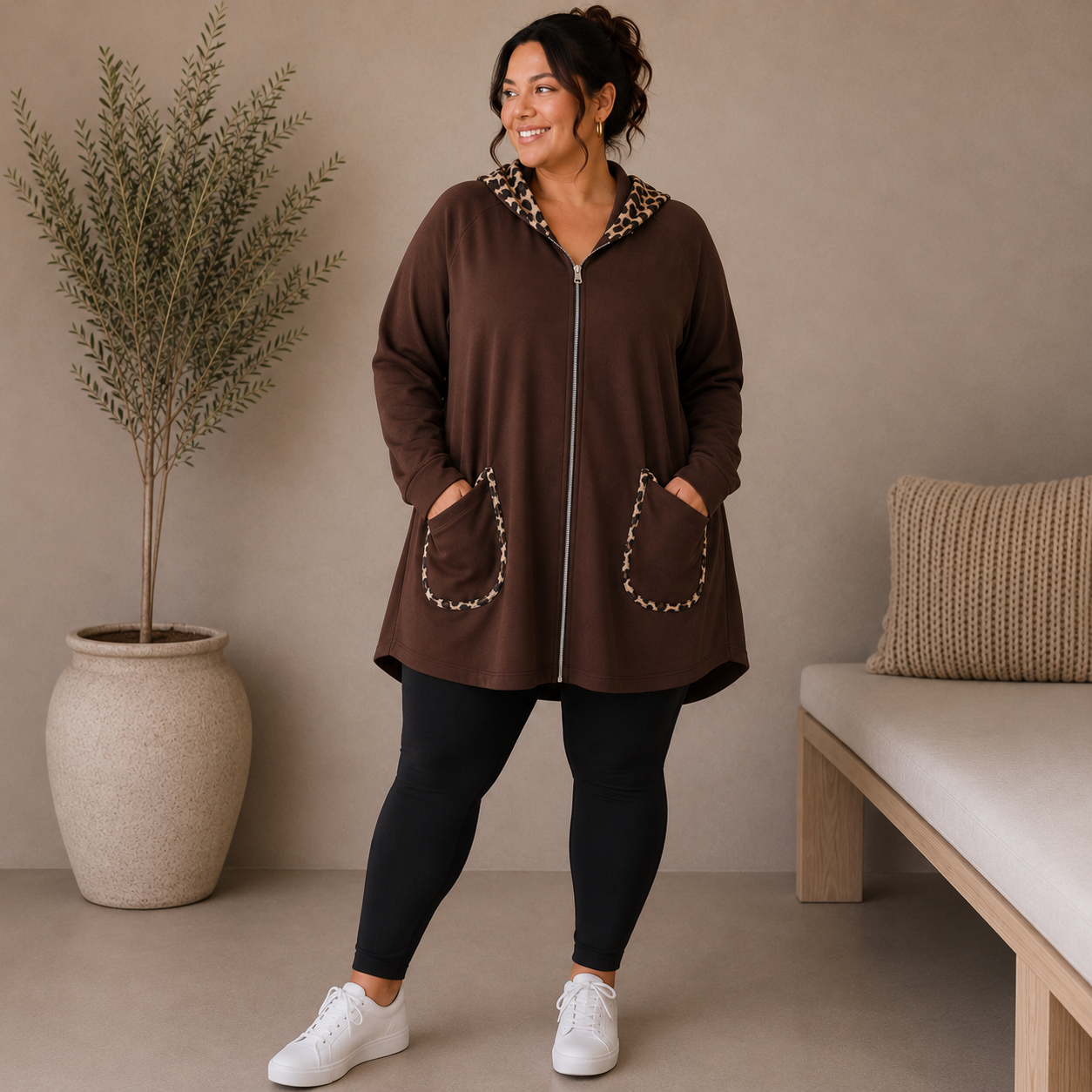 Hoodie med leopardmönstrade detaljer, brun 