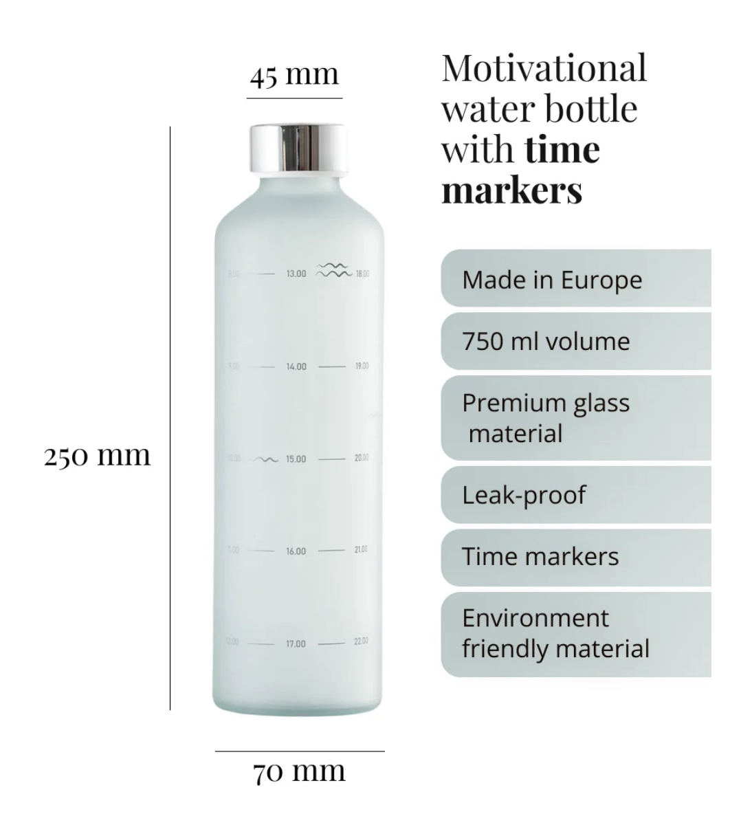 EQUA Water O’clock – tyylikäs lasipullo, jossa on aikamerkinnät