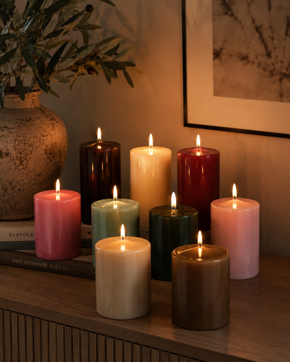 Två handstöpta lackade blockljus – 7,5×15 + 7,5×11