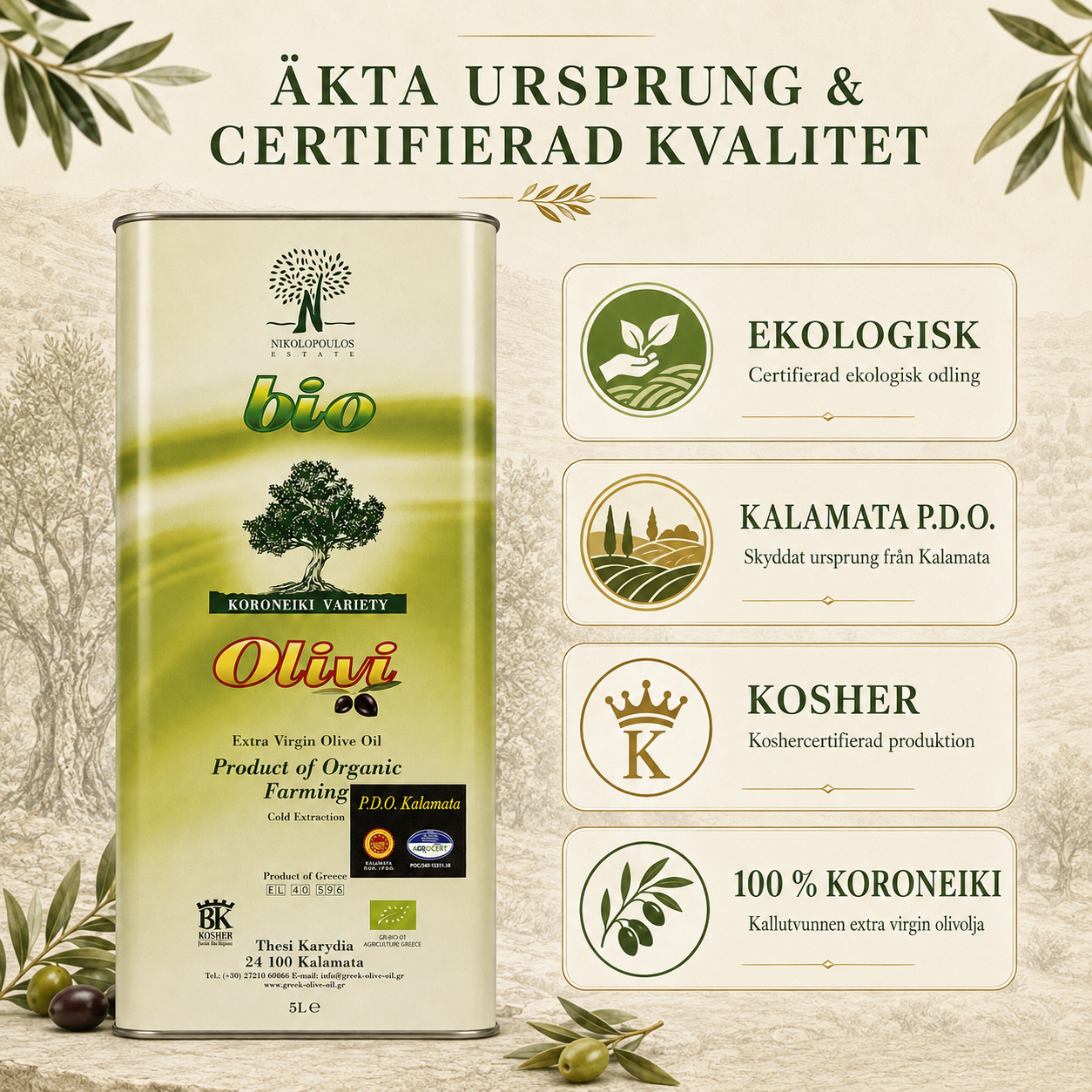 Olivi Bio Kalamata P.D.O. Ekologisk Olivolja 5L, nikolopoulos estate - 6