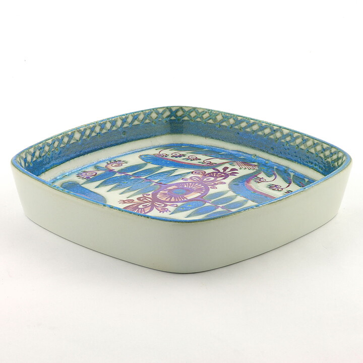Marianne Johnson (Tenera 1958) Squared Bowl with Blue/Purple Flower Decor  #412-2883  17 cm