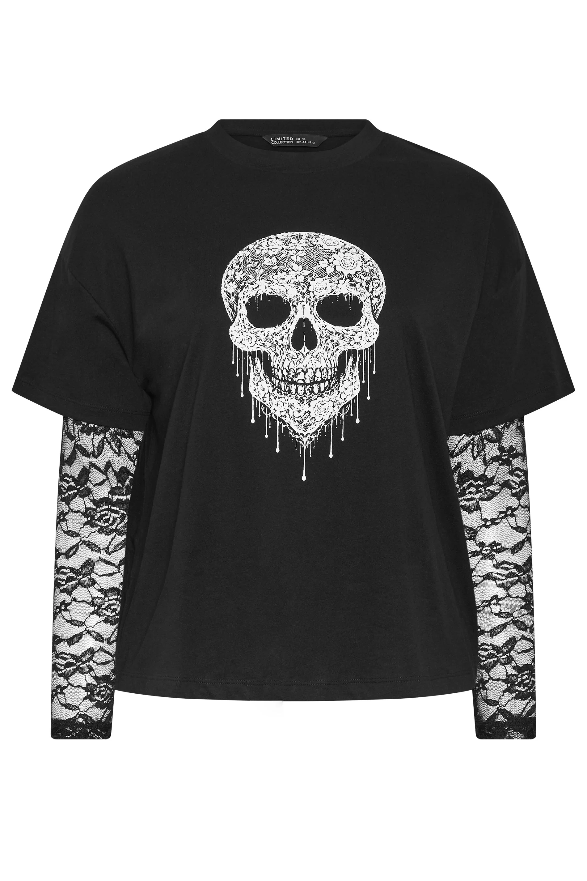 T-shirt med döskalle och spetsärmar, svart - 5